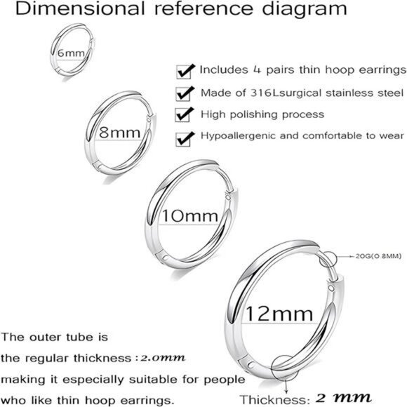 Stainless Steel Huggie Hoop Earrings Set Hypoallergenic Cartilage Lobe - Picture 2 of 7